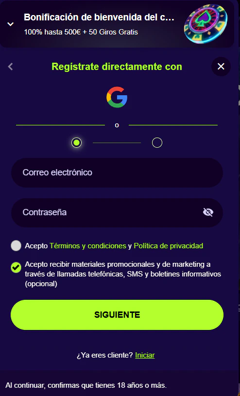 Alta de usuario y acceso a la cuenta personal en PalmSlots