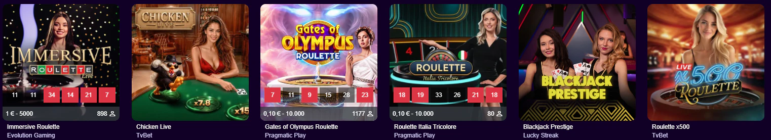 Sección de juegos de casino y mesas con crupier en vivo en PalmSlots